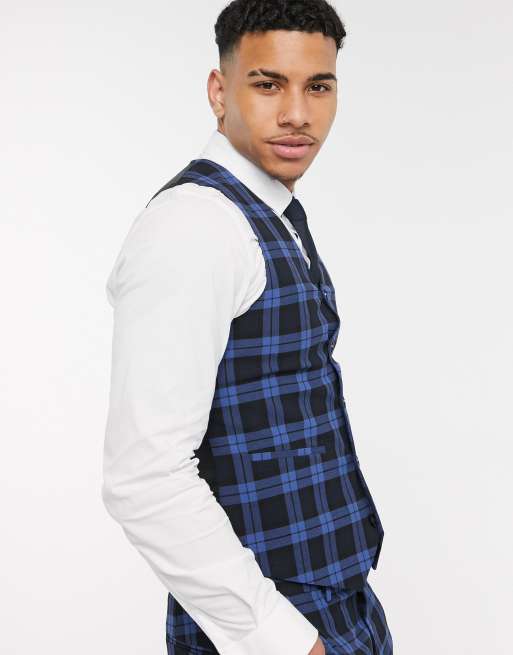 ASOS DESIGN wedding super skinny suit waistcoat in blue tartan