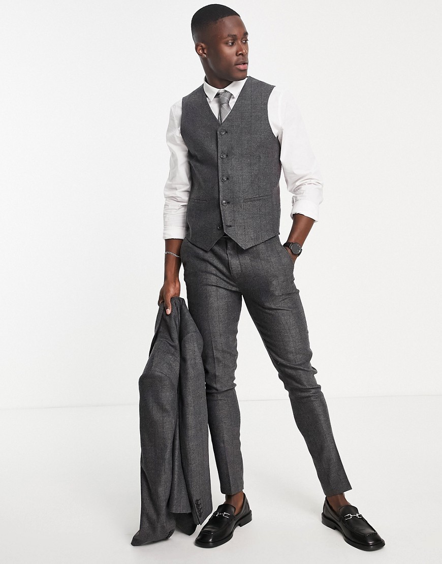 Asos Design Wedding Super Skinny Suit Waistcoat In Charcoal Herringbone-grey