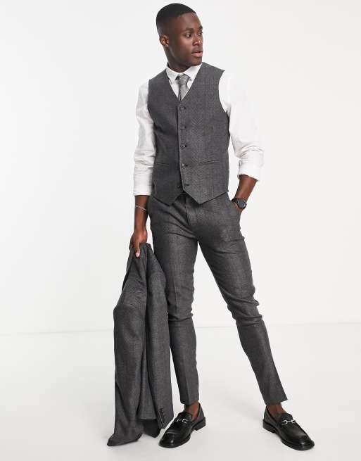 Asos Design Wedding Super Skinny Suit Waistcoat In Charcoal Herringbone