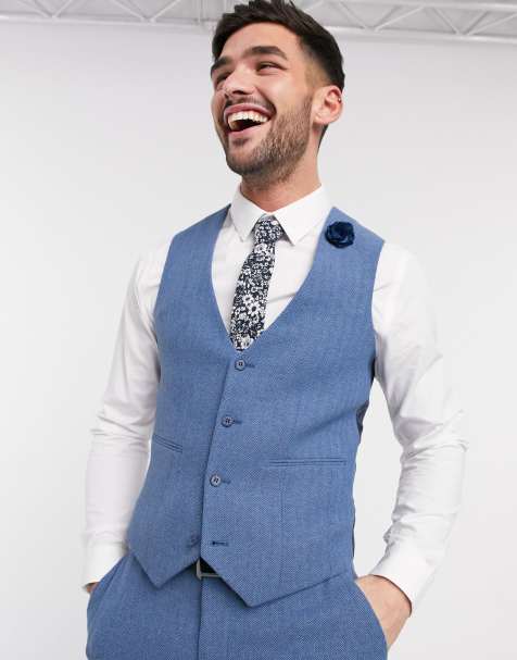 ASOS DESIGN wedding super skinny suit waistcoat in cornflower blue wool blend herringbone - view 1
