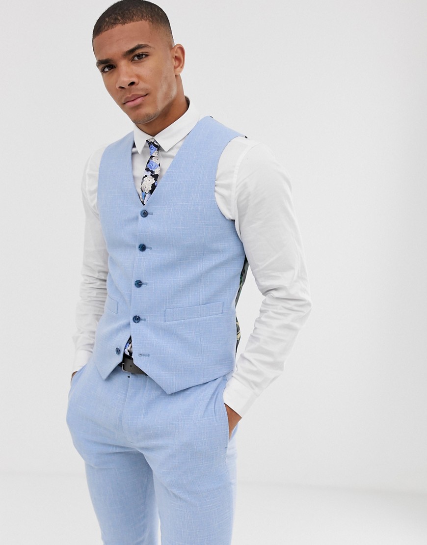 ASOS DESIGN wedding super skinny suit waistcoat in light blue cross hatch
