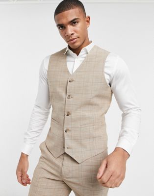 ASOS DESIGN wedding super skinny suit waistcoat in prince of wales check in camel (22069742)
