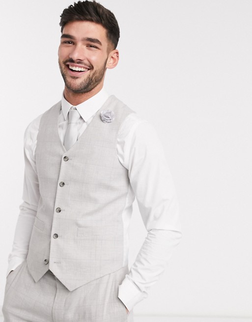 ASOS DESIGN wedding super skinny suit waistcoat in stretch cotton linen in grey check