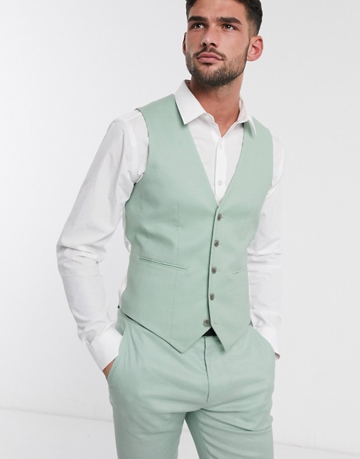 ASOS DESIGN wedding super skinny suit waistcoat in stretch cotton linen in mint green