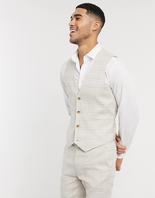 ASOS DESIGN wedding super skinny suit waistcoat in stretch cotton linen in stone check