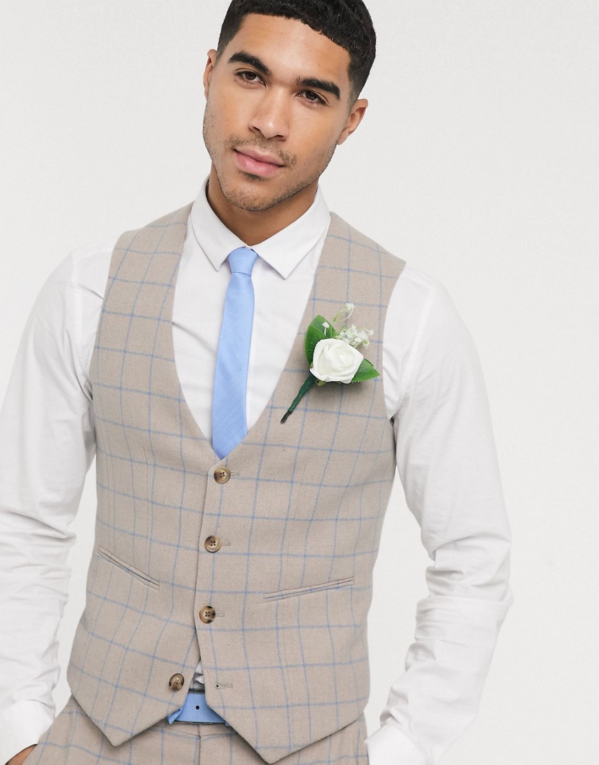 ASOS DESIGN wedding super skinny suit waistcoat in wool mix with beige grid check-Neutral