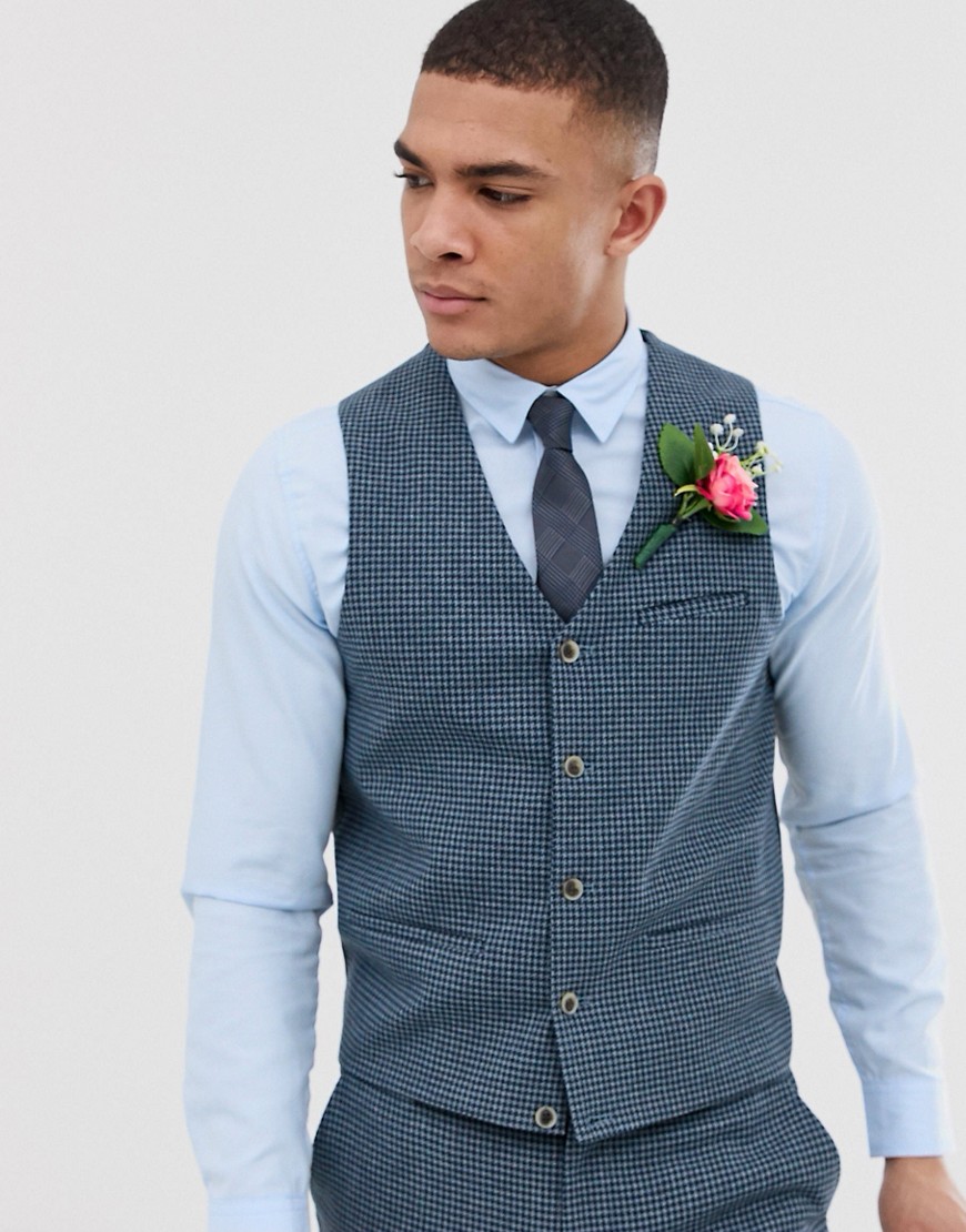 ASOS DESIGN wedding super skinny suit waistcoat with blue houndstooth