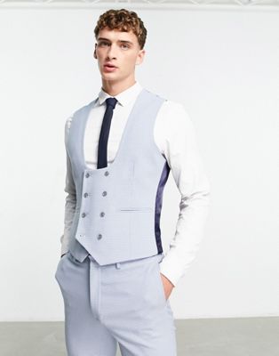 ASOS DESIGN wedding super skinny waistcoat in birdseye texture in dusky blue