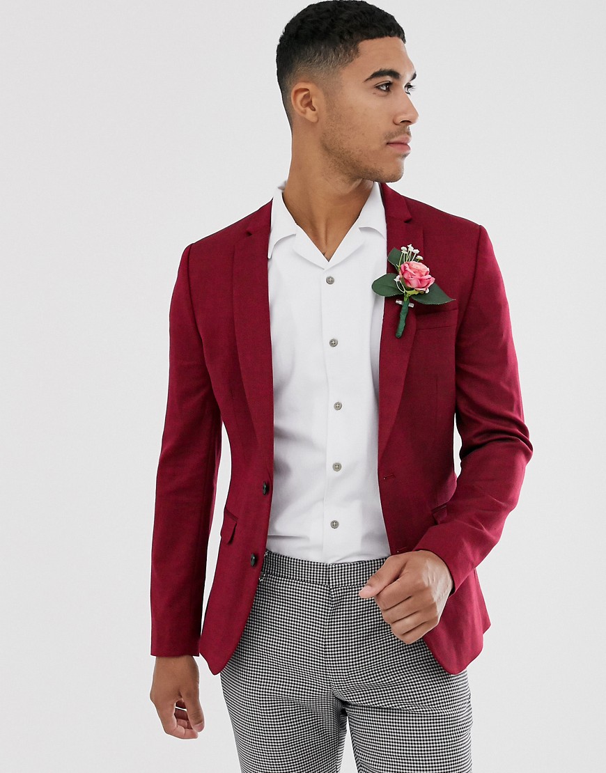 ASOS DESIGN wedding super skinny wool mix blazer in burgundy-Red