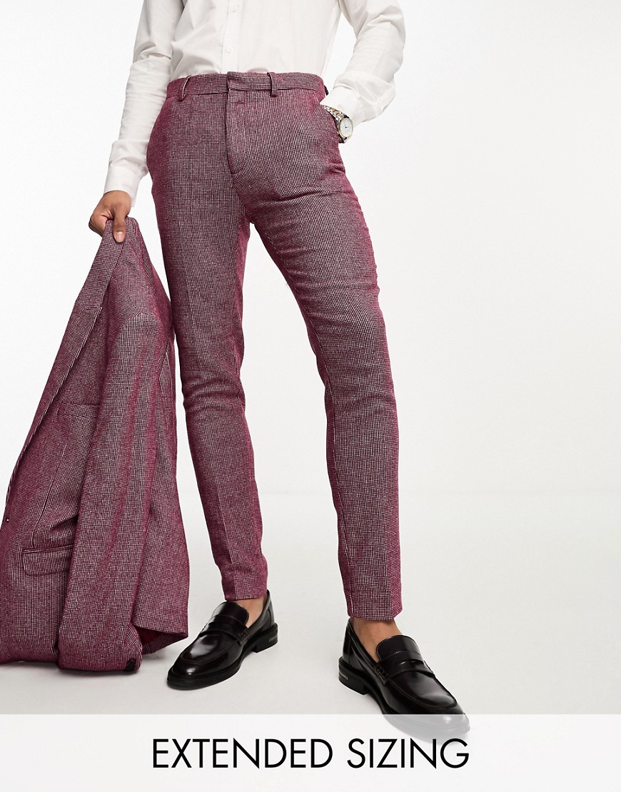 ASOS DESIGN wedding super skinny wool mix puppytooth suit trousers in burgundy-Red