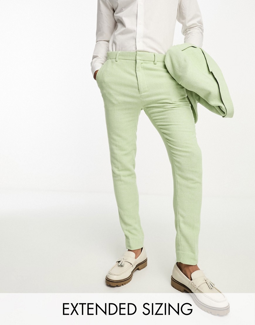 ASOS DESIGN wedding super skinny wool mix puppytooth suit trousers in sage green