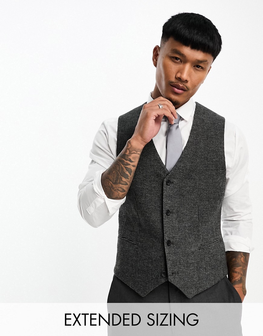 Asos Design Wedding Super Skinny Wool Mix Puppytooth Vest In Charcoal-gray