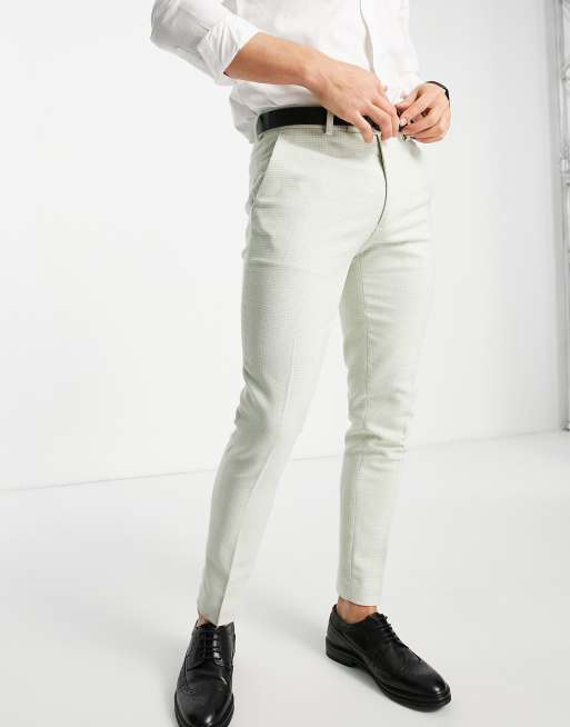 ASOS DESIGN wedding super skinny wool mix smart pants with pastel green dog  tooth check