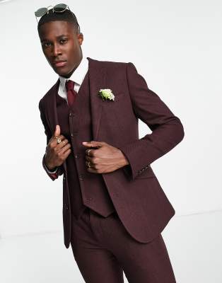 Asos Design Wedding Super Skinny Wool Mix Suit Jacket In Burgundy Puppytooth-red