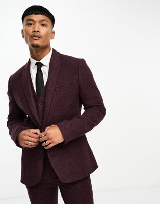 Asos Design Wedding Super Skinny Wool Mix Suit Jacket In Burgundy Puppytooth-red