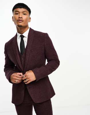 ASOS DESIGN wedding super skinny wool mix suit jacket in burgundy puppytooth-Red