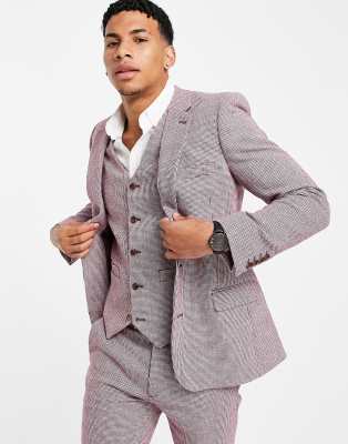 ASOS DESIGN wedding super skinny wool mix suit jacket in burgundy puppytooth