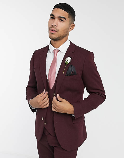 ASOS DESIGN wedding super skinny wool mix suit jacket in burgundy twill