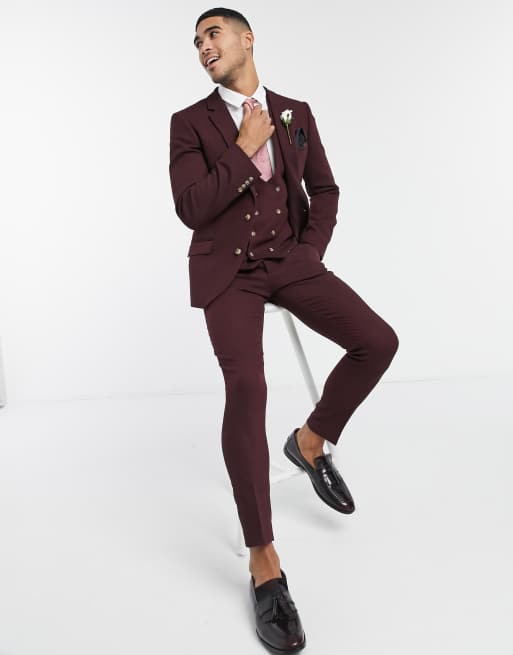 ASOS DESIGN wedding super skinny wool mix suit jacket in burgundy twill