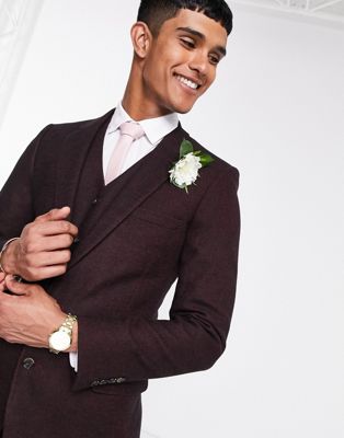 ASOS DESIGN wedding super skinny wool mix suit jacket in burgundy twill - ASOS Price Checker