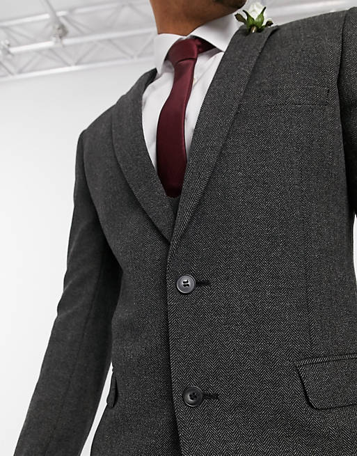  wedding super skinny wool mix suit jacket in charcoal herringbone 