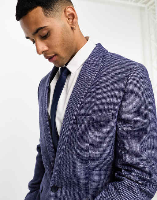 ASOS DESIGN wedding super skinny wool mix suit jacket in dark blue puppytooth, 3 of 5