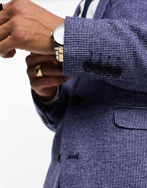 ASOS DESIGN wedding super skinny wool mix suit jacket in dark blue puppytooth, 4 of 5