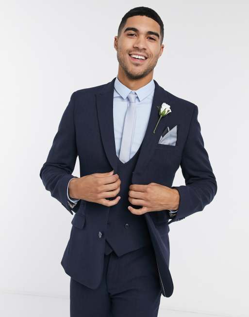 ASOS DESIGN Plus wedding skinny suit jacket in blue wool blend herringbone