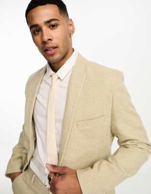 ASOS DESIGN wedding super skinny wool mix suit jacket in stone puppytooth-Neutral