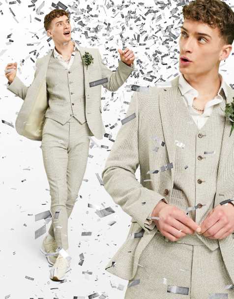 ASOS DESIGN wedding super skinny wool mix suit jacket in stone puppytooth - view 1