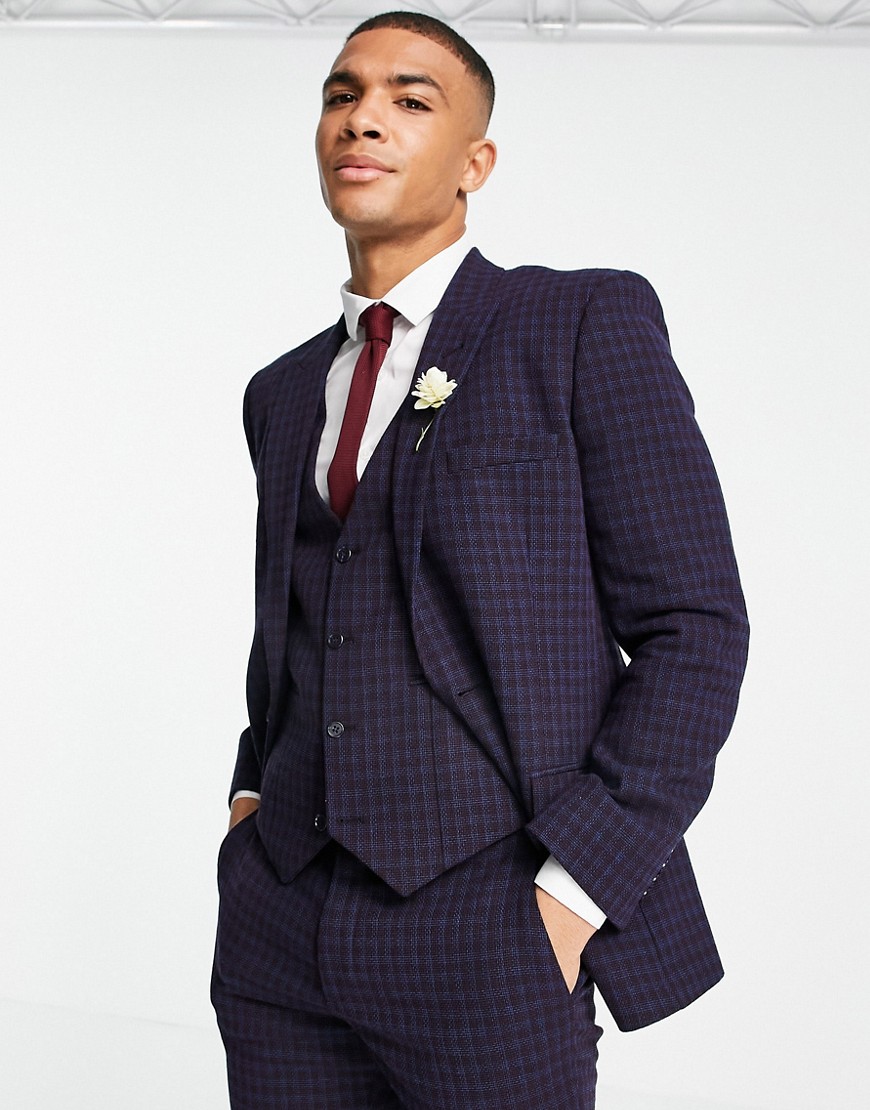 ASOS DESIGN wedding super skinny wool mix suit jacket with navy grid check