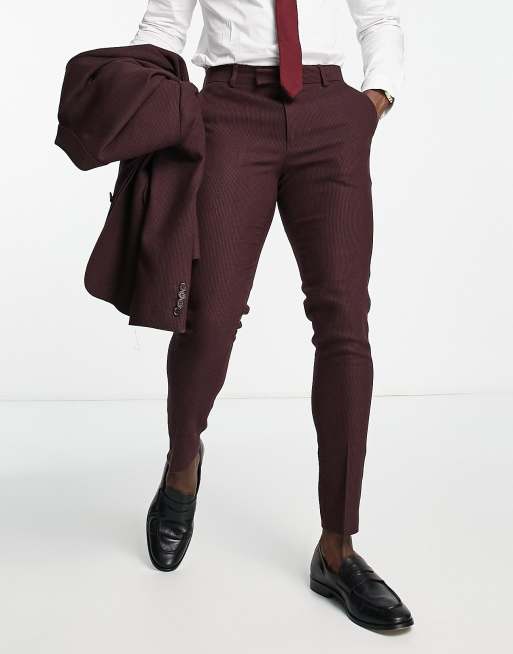ASOS DESIGN wedding super skinny wool mix suit pants in burgundy puppytooth