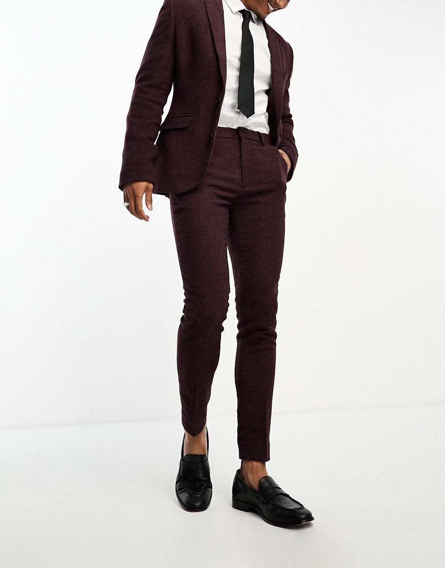Asos Design Wedding Super Skinny Wool Mix Suit Pants In Burgundy Twill-red