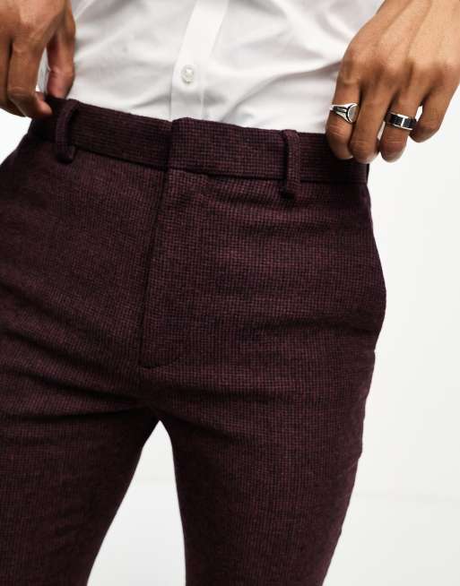 ASOS DESIGN super skinny wool mix suit pants in burgundy herringbone