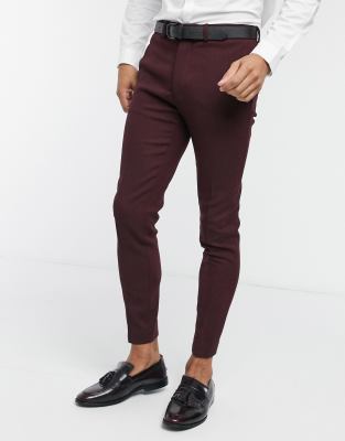 ASOS DESIGN WEDDING SUPER SKINNY WOOL MIX SUIT PANTS IN BURGUNDY TWILL-RED,BASKING SHARK BURG