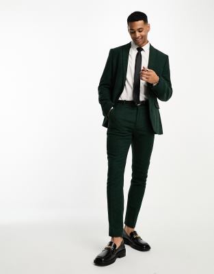 Asos Design Wedding Super Skinny Wool Mix Suit Pants In Dark Green Puppytooth