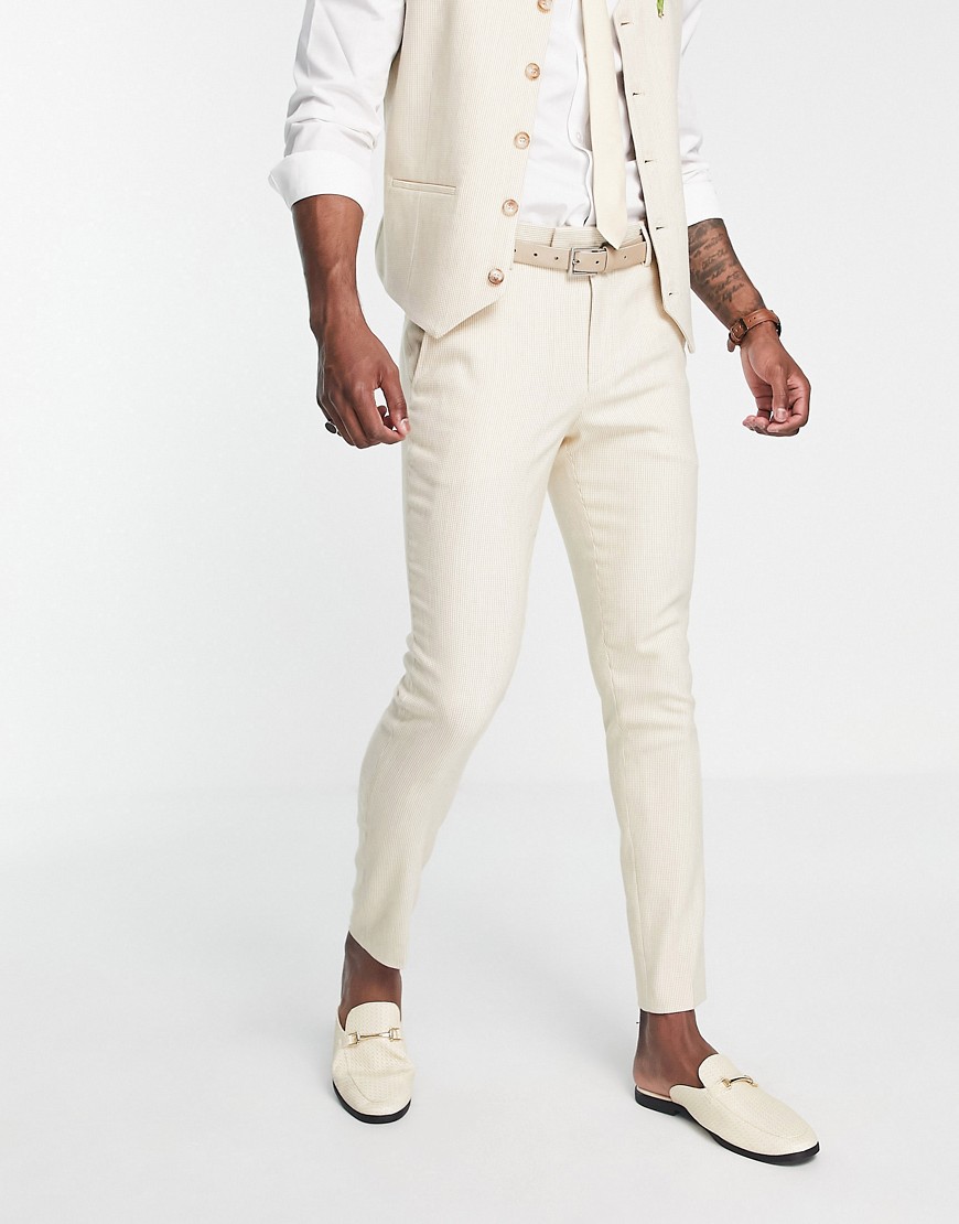 Asos Design Wedding Super Skinny Wool Mix Suit Pants In Stone Puppytooth-neutral