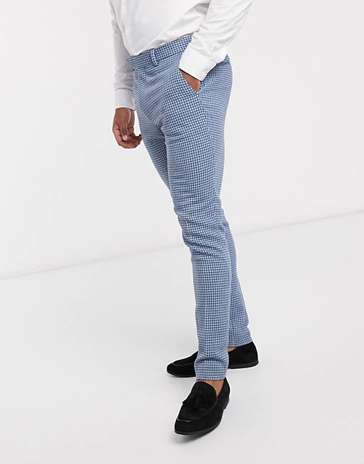 ASOS DESIGN wedding super skinny wool mix suit trousers in blue houndstooth check