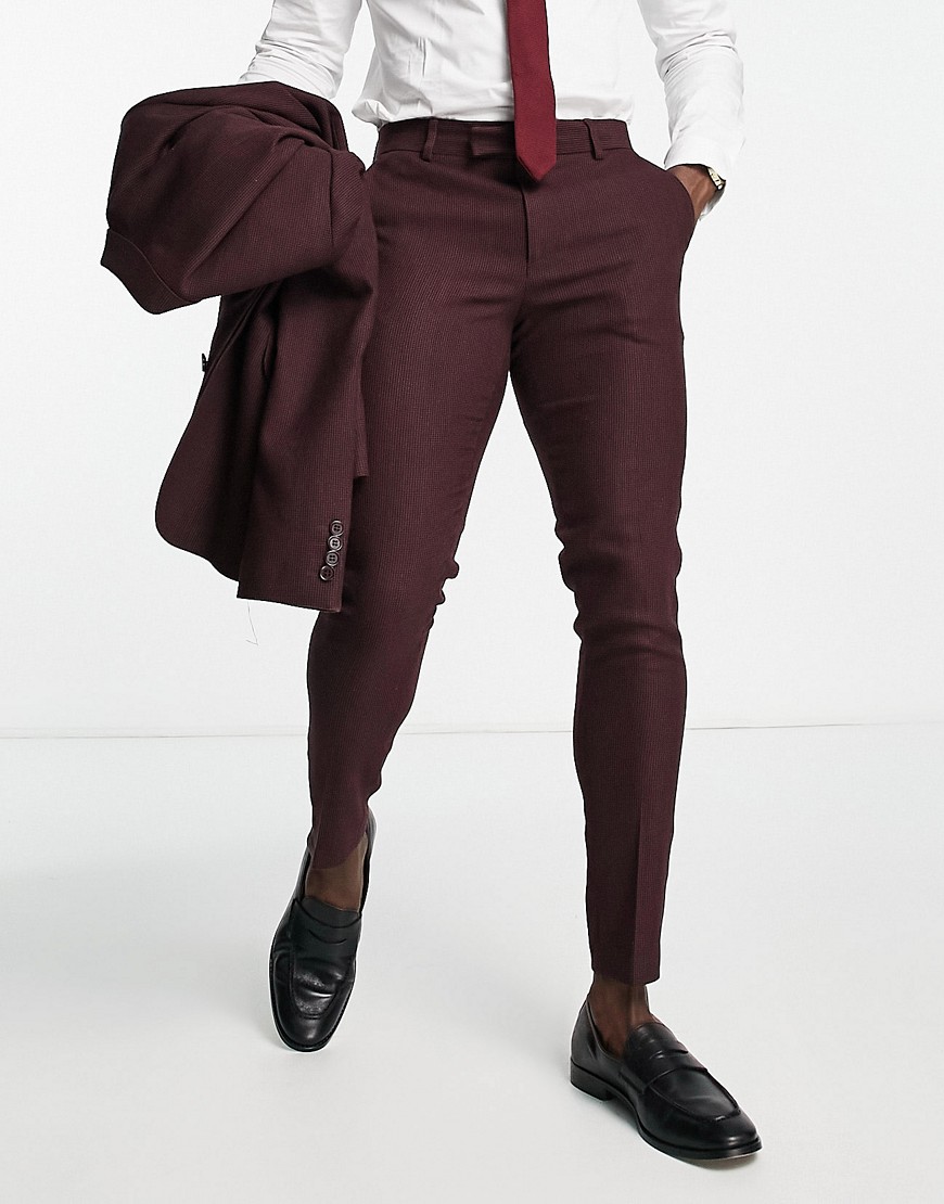 ASOS DESIGN wedding super skinny wool mix suit trousers in burgundy puppytooth-Red