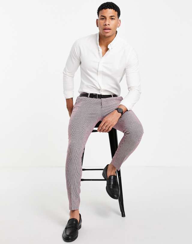 ASOS DESIGN - wedding super skinny wool mix suit trousers in burgundy puppytooth