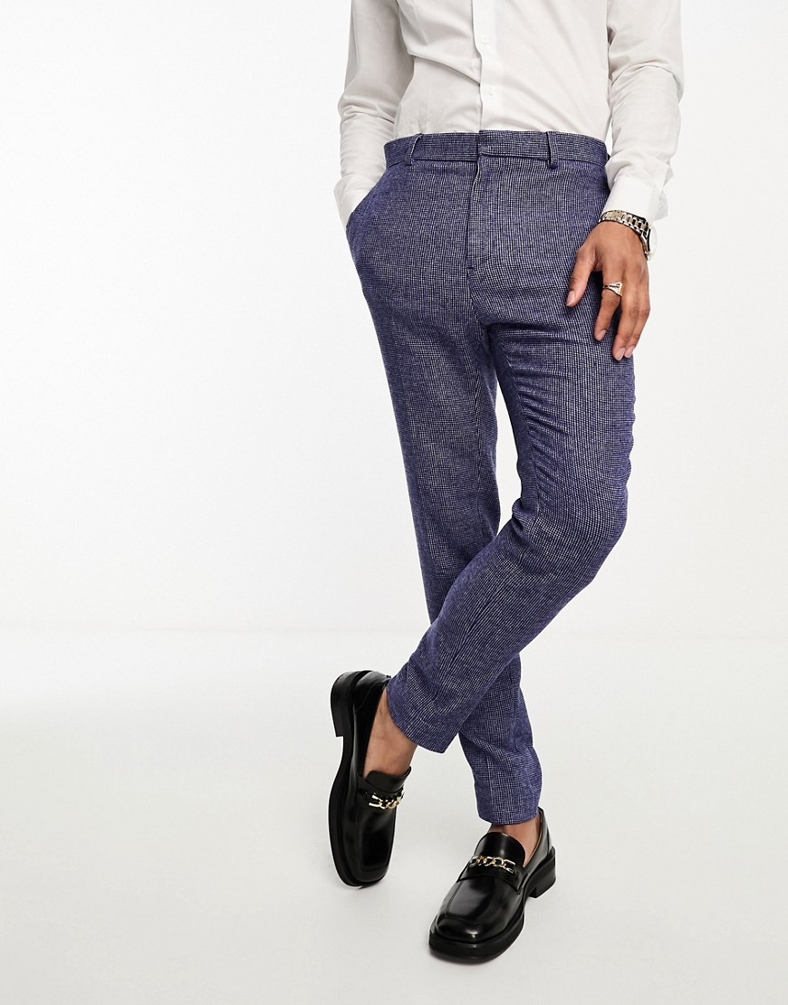 ASOS DESIGN wedding super skinny wool mix suit trousers in dark blue puppytooth