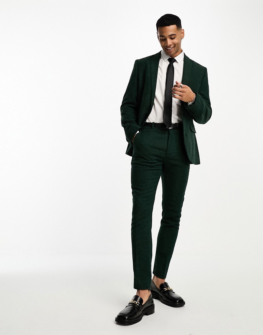ASOS DESIGN wedding super skinny wool mix suit trousers in dark green puppytooth