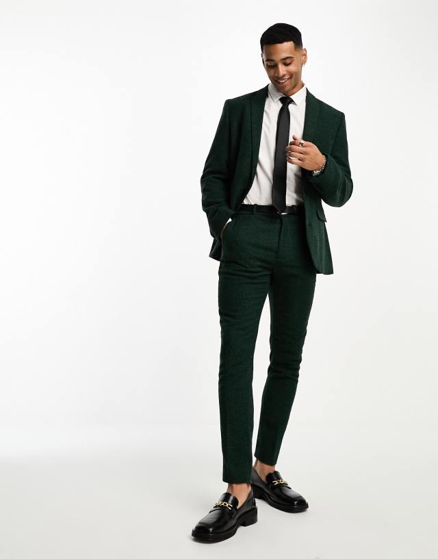 ASOS DESIGN - wedding super skinny wool mix suit trousers in dark green puppytooth