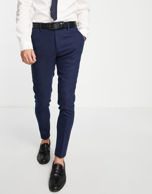 ASOS DESIGN wedding super skinny wool mix suit trousers in navy herringbone