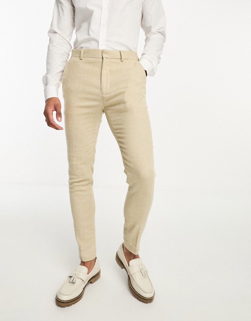ASOS DESIGN wedding super skinny wool mix suit trousers in stone puppytooth-Neutral