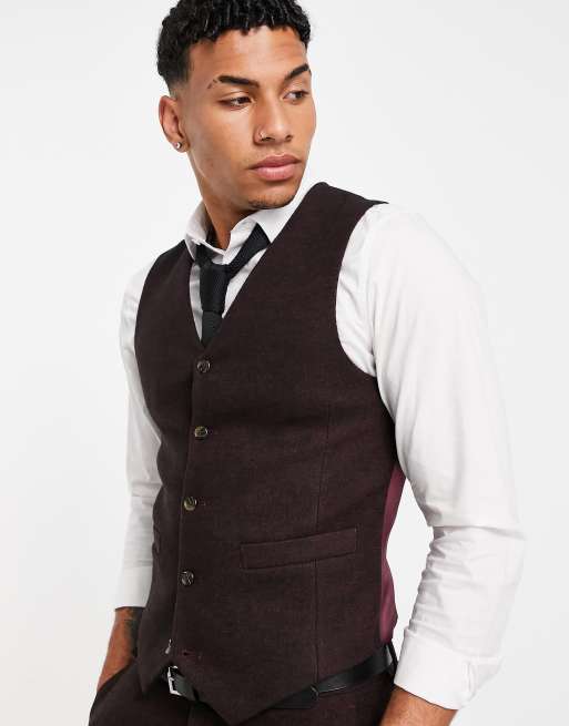 Asos Design Wedding Super Skinny Wool Mix Suit Waistcoat In Burgundy Twill Asos 4625