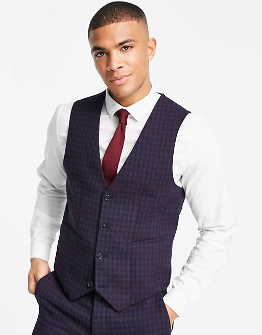 ASOS DESIGN wedding super skinny wool mix suit waistcoat with navy grid check