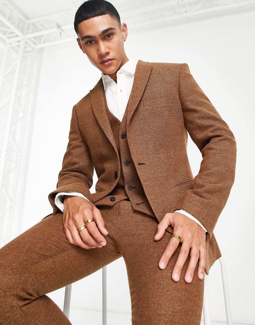 ASOS DESIGN wedding super skinny wool mix twill suit jacket in brown