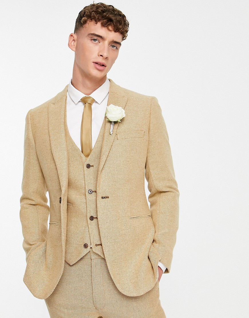 ASOS DESIGN wedding super skinny wool mix twill suit jacket in camel-Neutral