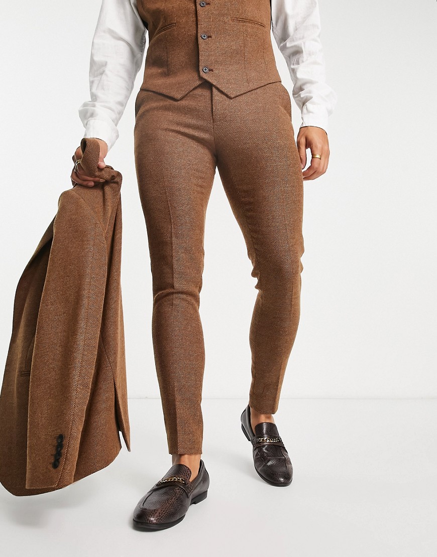 ASOS DESIGN wedding super skinny wool mix twill suit trousers in brown